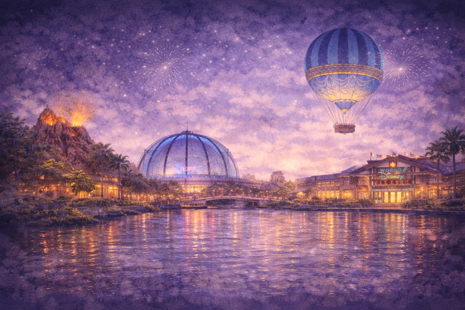 Watercolor illustration of Disney Springs