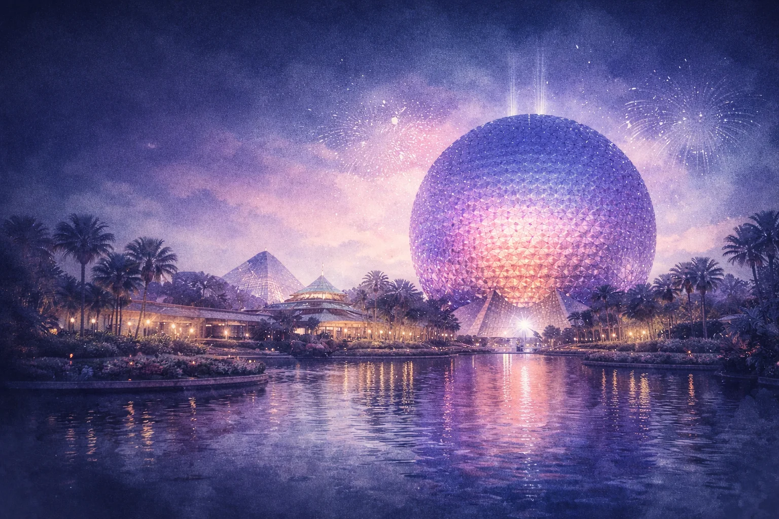 Watercolor illustration of Epcot's Spaceship Earth