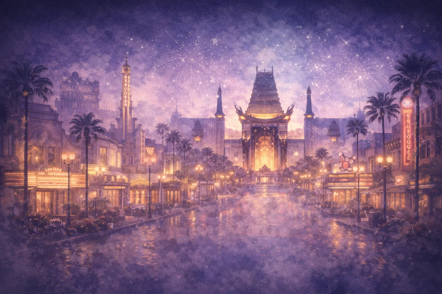 Watercolor illustration of Hollywood Studios' Tower of Terror